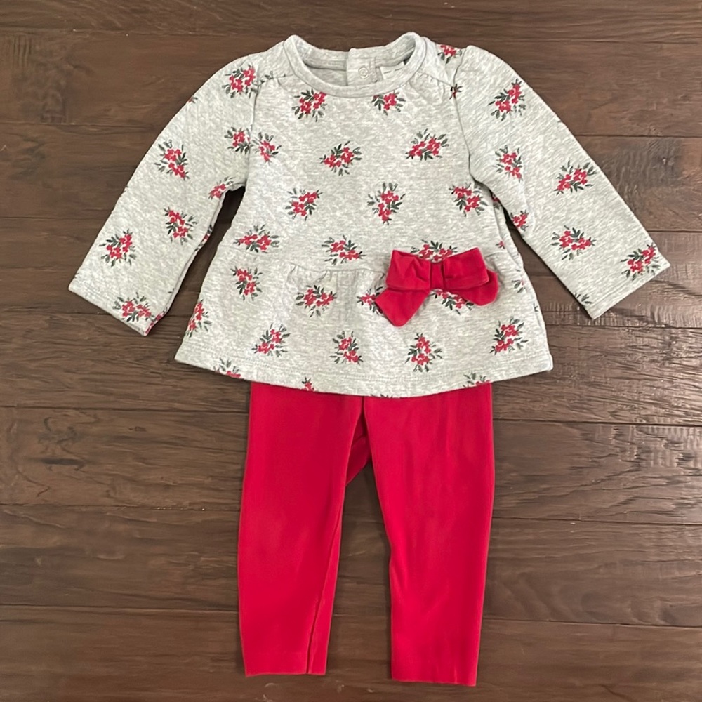 Baby Girl Gray Red Sweater Set Shirt and Leggings 12m
